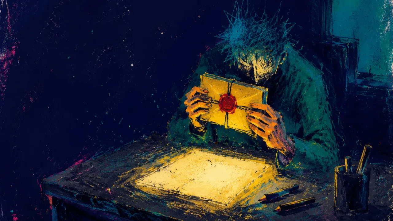 Enclosed by the Unopened Future A figure in a doorless dark studio holds a sealed bundle above a blank page, gold light pressing into cold teal shadows.