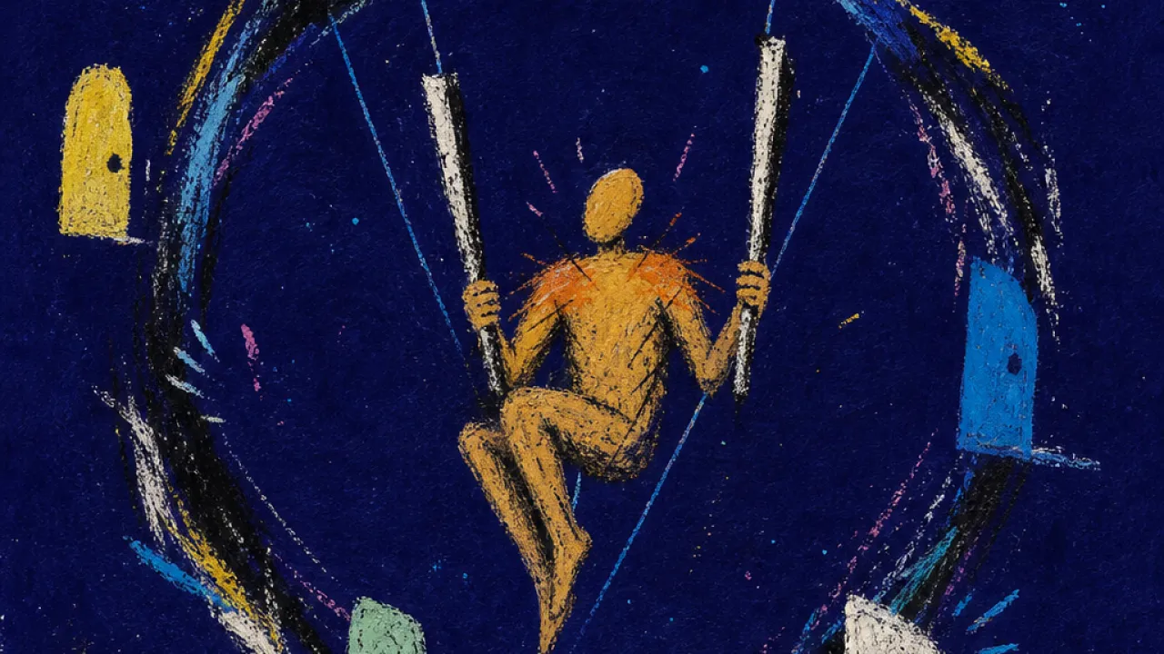Held Together in Motion A figure inside a dark wreath, holding two wands while doorways and chat bubbles pull outward in amber and indigo tension