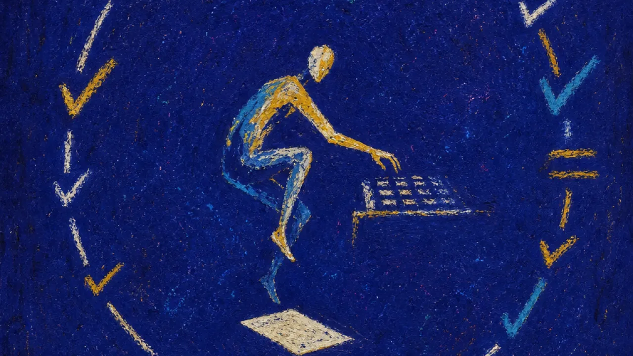 Held Above the First Mark A figure suspended inside a checklist-wreath above a blank page, warm gold edges fracturing into cold blue-black