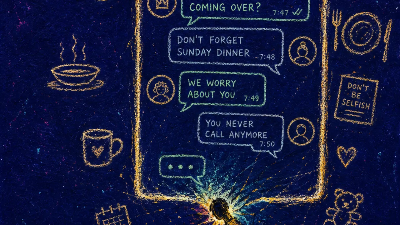 A figure enclosed by a glowing group-chat frame, throat lit warm gold against cold green-blue household symbols.