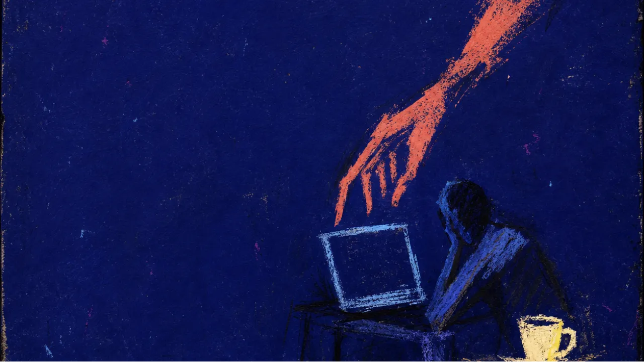 A figure suspended between a glowing cup and blank screen, warm fingertips fractured against cold blue space