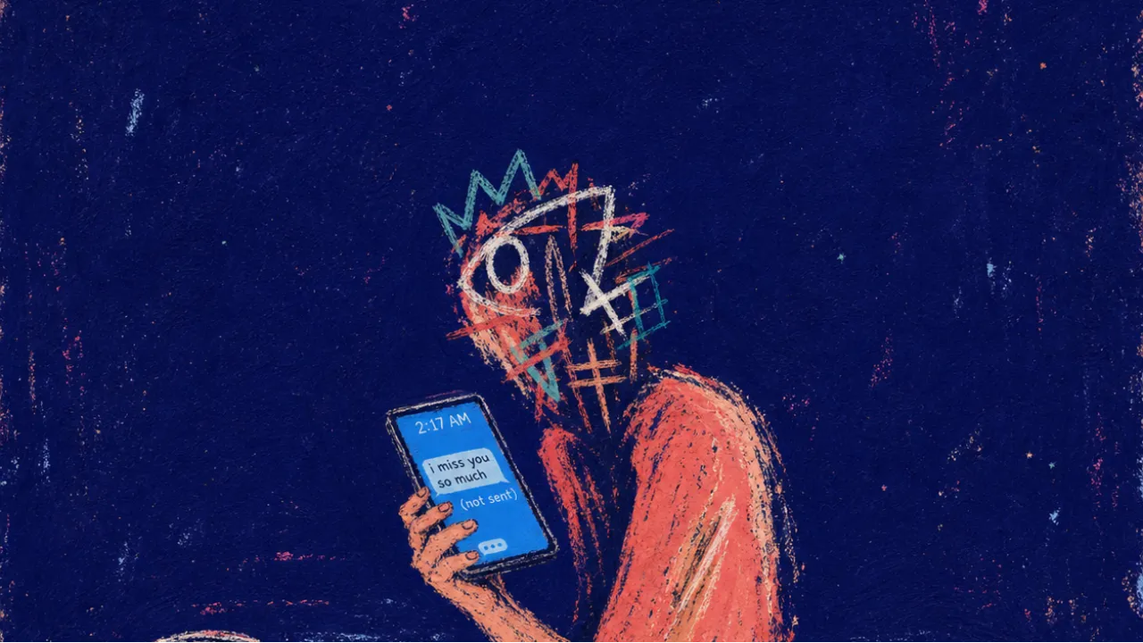 A suspended figure above a dark bedroom floor grips a glowing phone timestamp as two cups sit apart in coral and blue