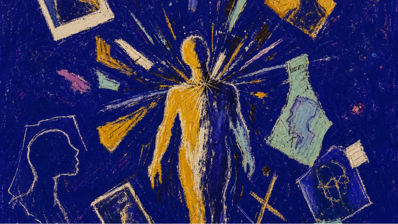 A suspended figure surrounded by separate reflections, old photos, crossed staffs, and amber light against indigo shadow