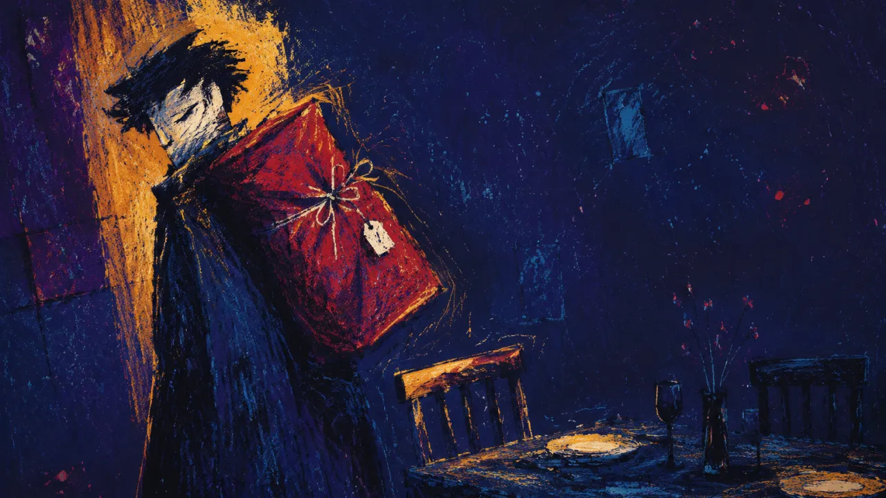 A figure stands in a doorless dining room, a sealed red bundle on their shoulder beside an assigned chair in indigo shadow.