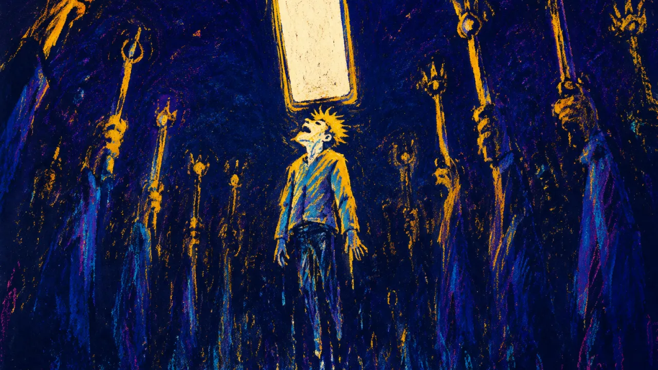 Held Up by Applause A suspended figure in a corridor of raised wands above a blank phone, electric gold cutting into deep indigo space