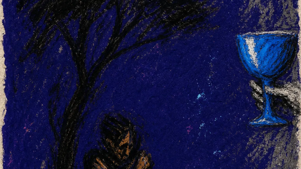 A folded figure under a dark tree inside a doorless field, with a bright cup hovering near the edge of vision