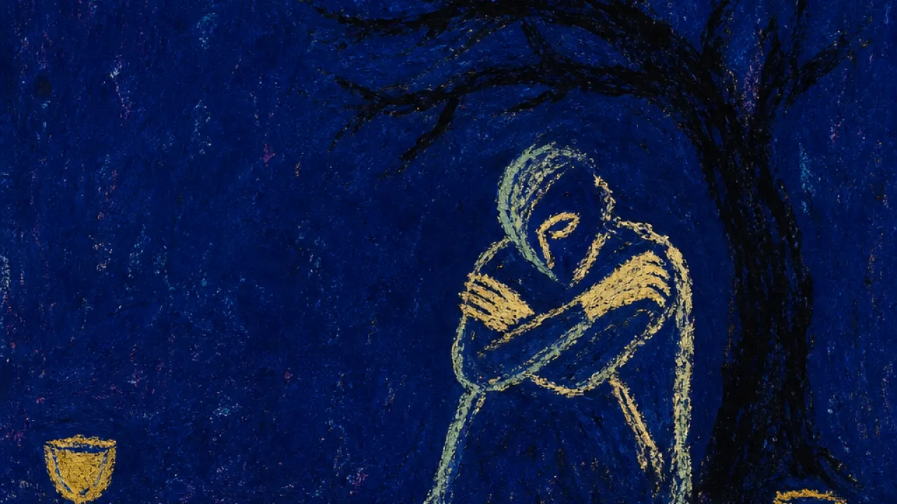Closed to what could feed A seated figure with folded arms beside untouched cups, warm gold light held outside a deep blue room