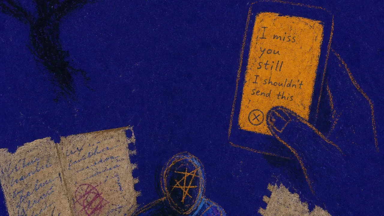 A seated figure in a doorless room of journal pages, crossed limbs around a cup, amber screen light cut by indigo shadow