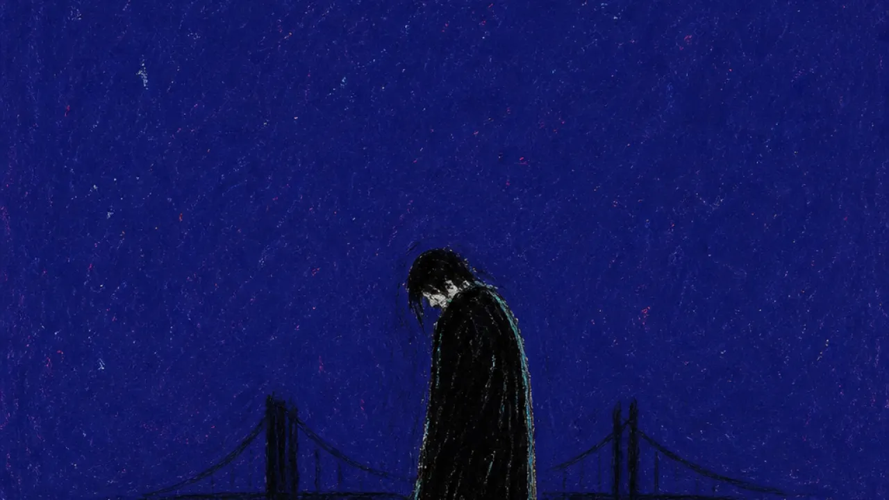 Black-cloaked figure over spilled cups, red liquid fractured on blue ground, a bridge behind in dark space