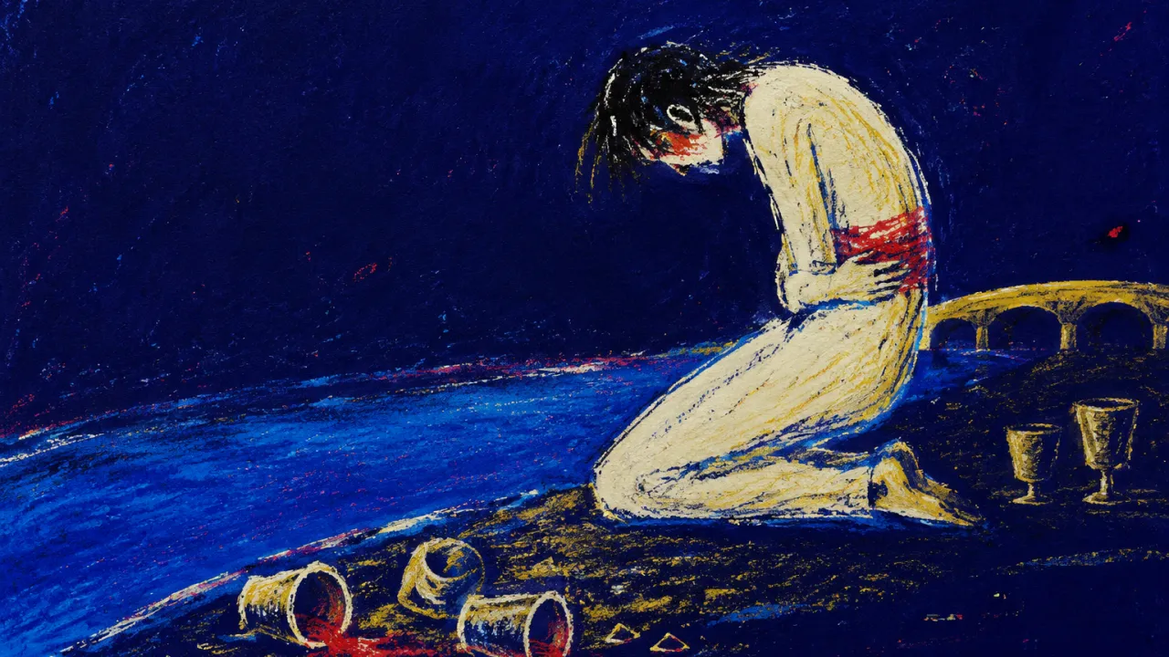 Fixed At The Last Spill A figure at a dark riverbank faces three spilled cups while two upright cups and a bridge sit behind in blue shadow