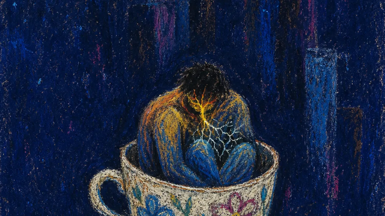 An adult figure enclosed in a child-sized floral cup, an amber line at the throat fracturing into cold blue office space