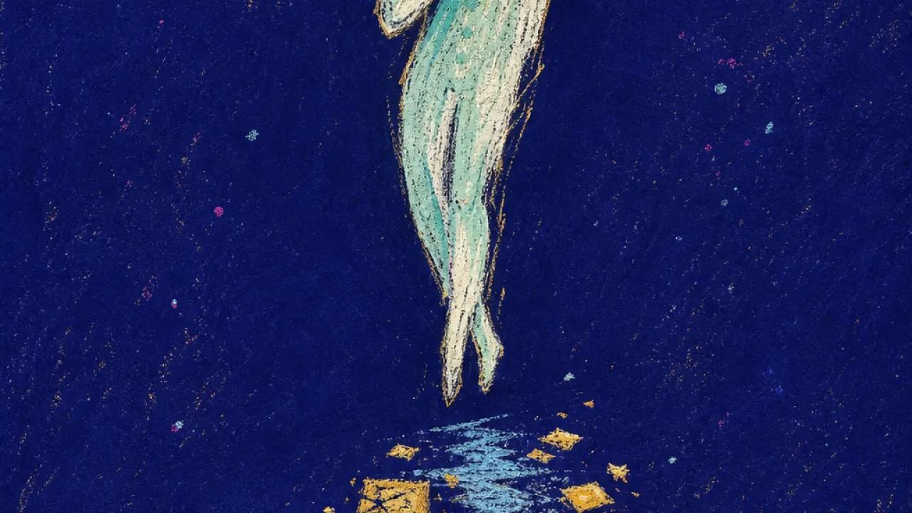 Held by what mattered A suspended figure above a moonlit path, intact cups and glowing old messages behind them in warm gold and cold blue