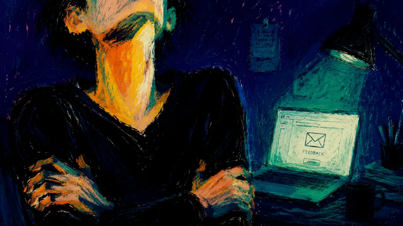 Sealed Before Contact An enclosed figure in a dark room, arms folded near an unopened feedback page, warm skin fractured by green-blue light