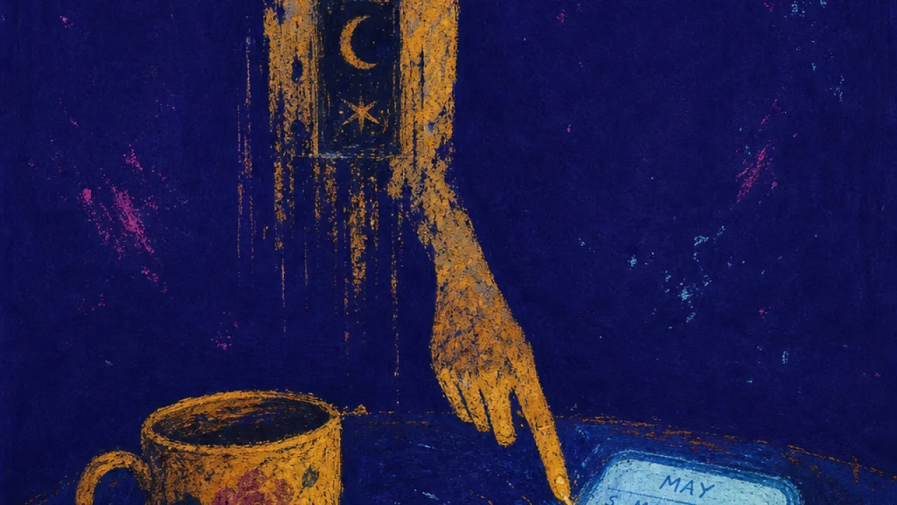 A figure suspended above a kitchen table, phone calendar beside an old flowered mug, warm amber split by cold blue light