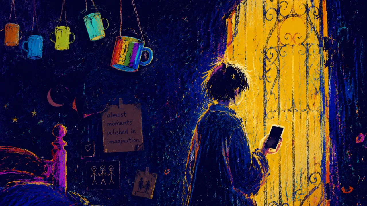 Enclosed by almost-moments A figure enclosed at a glowing garden gate, holding a blank phone under suspended golden cups in deep indigo space