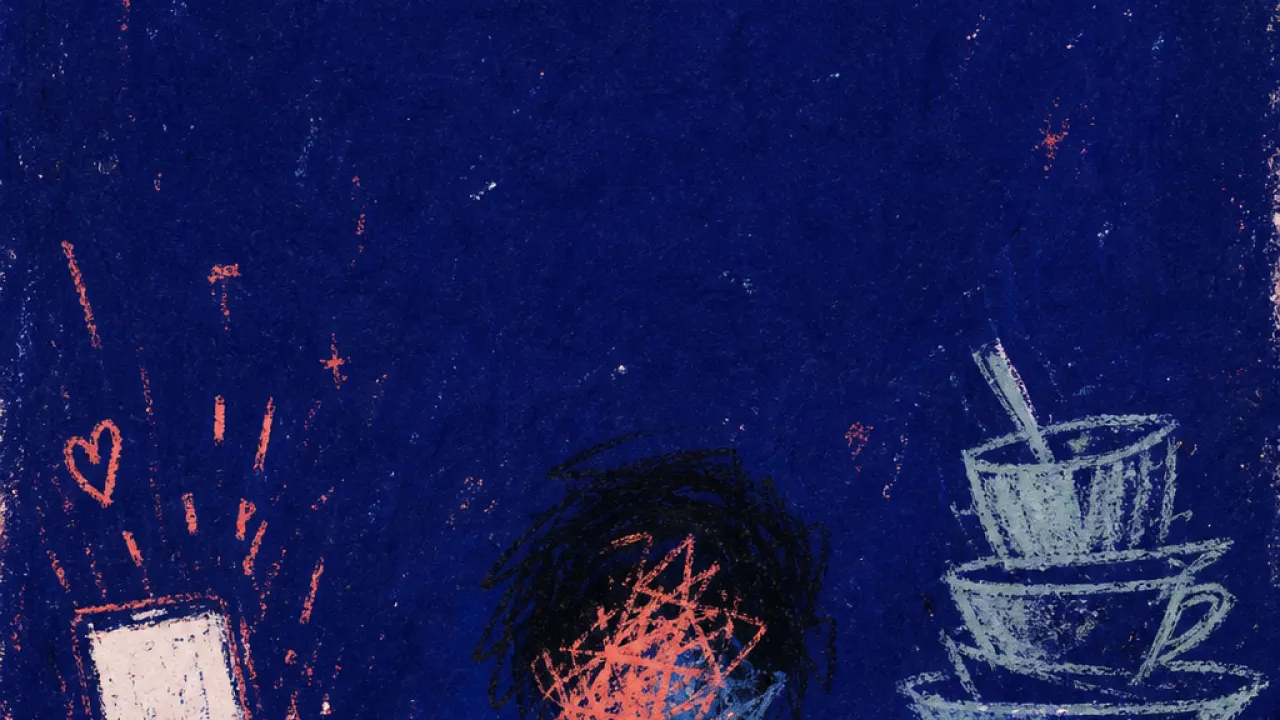 Enclosed by earned ease A figure enclosed in a dim room between a glowing phone and stacked dishes, coral light compressed by cold steel shadows