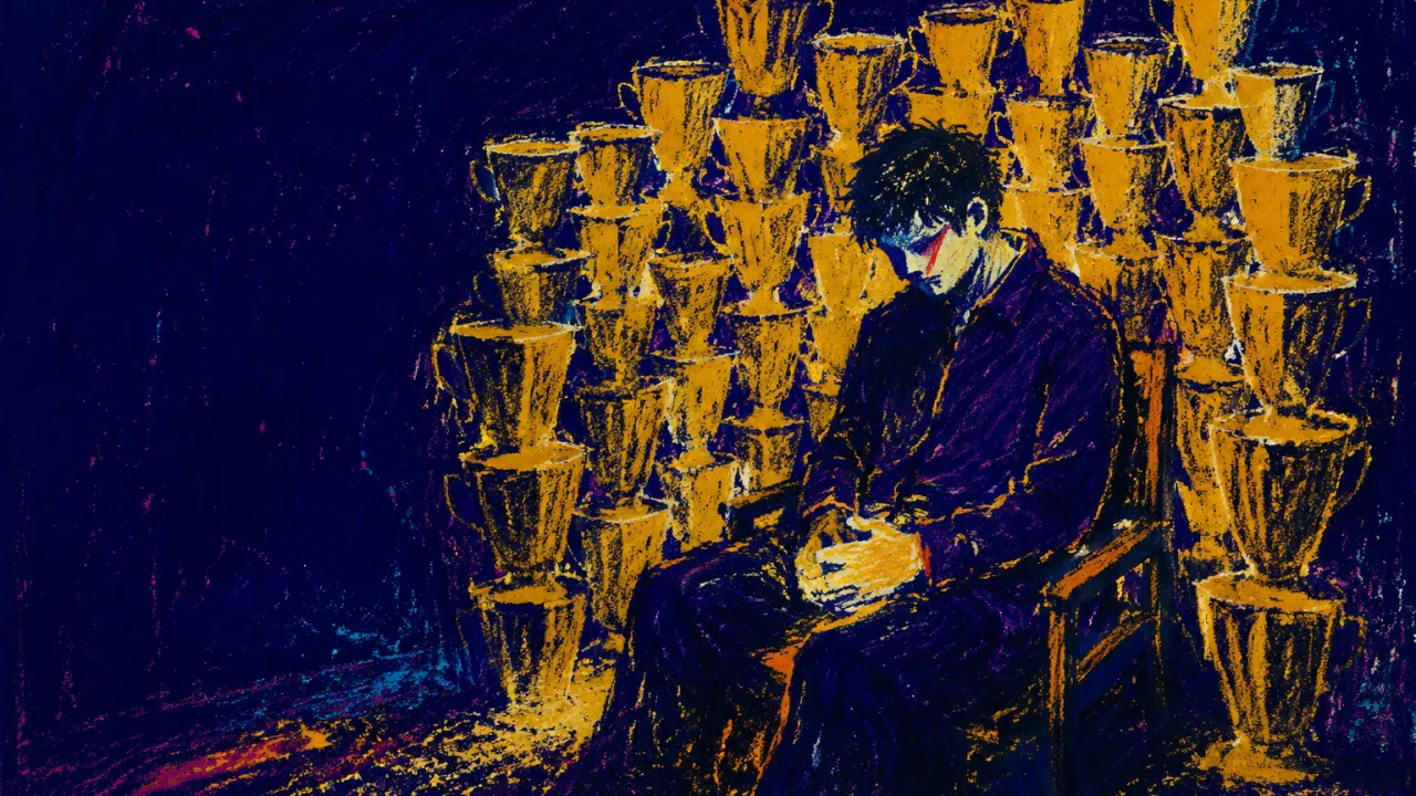 Seated inside the win A seated figure before a wall of completed cups, hands still, warm gold light compressed against cold indigo space