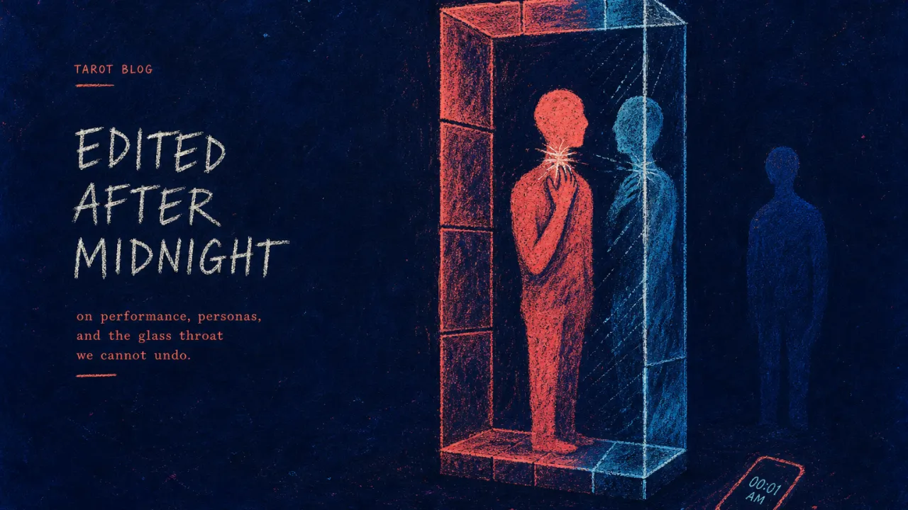 Allowed Through, Left Outside A figure enclosed in a glass display shelf of glowing profile tiles, phone out of reach, coral light split into cold cyan