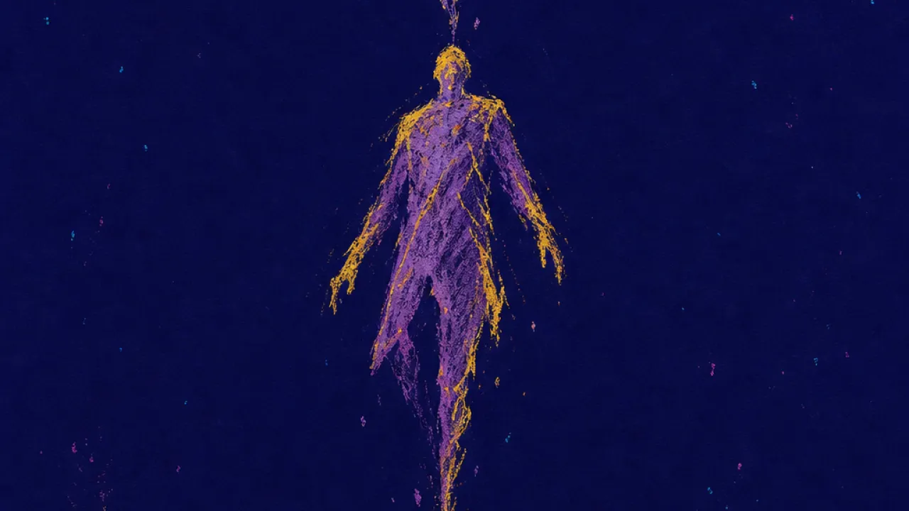 Suspended beneath the finished future A figure suspended between a blank desk and an unreachable arc of cups, violet shadows fractured by gold above the page