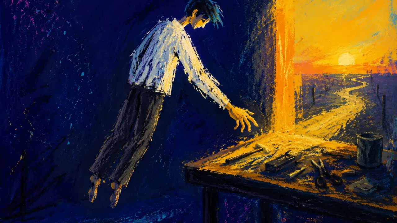Suspended Where Intention Stops A figure floats above the floor before a worktable, one hand hovering over untouched tools, gold light meeting indigo shadow.