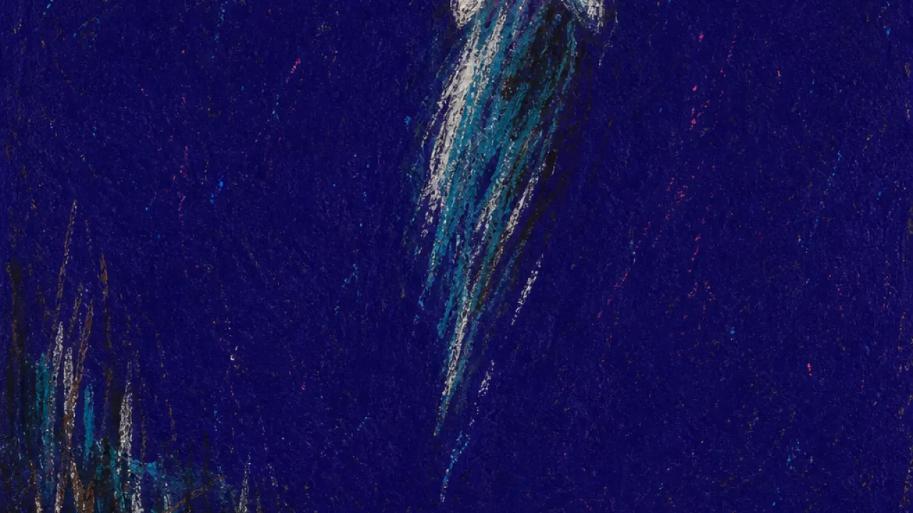 Suspended by the image A suspended figure holds a glowing cup near an unfinished riverbank path, electric rose light split against cold teal shadow