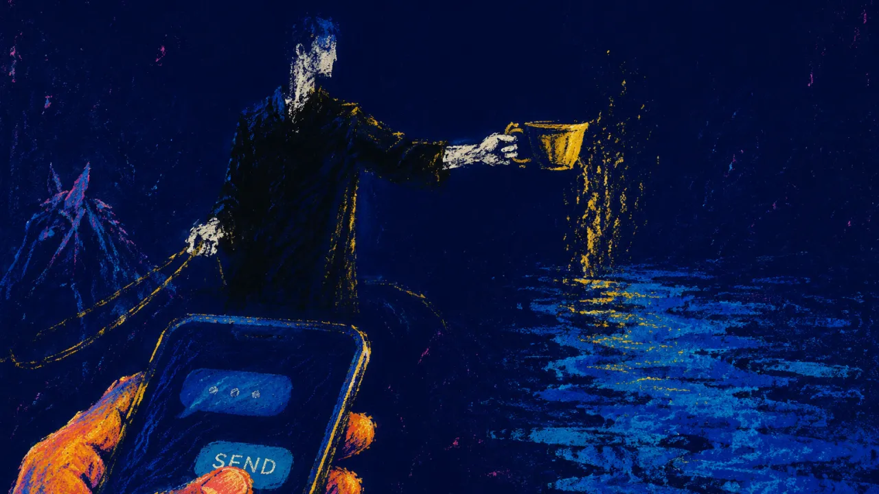 An enclosed figure in dark space holds out a cup while gripping reins, gold light split by blue water at a cold screen.