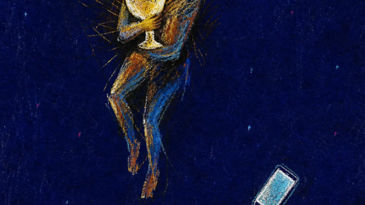 A suspended figure carries a glowing cup over a dark river, with gold light split against cold blue space