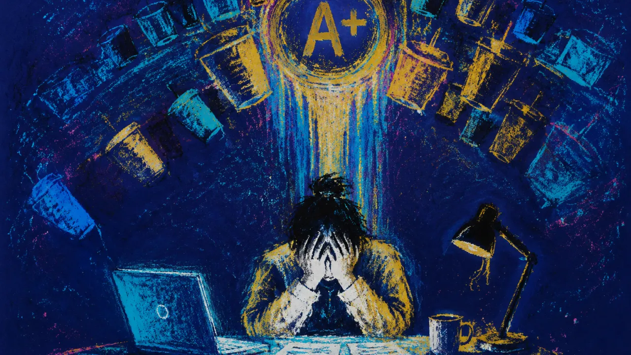Studying Under the Whole Sky A figure at a desk under an arcing ceiling of cups, laptop light glowing in cold cyan beneath heavy gold shadow
