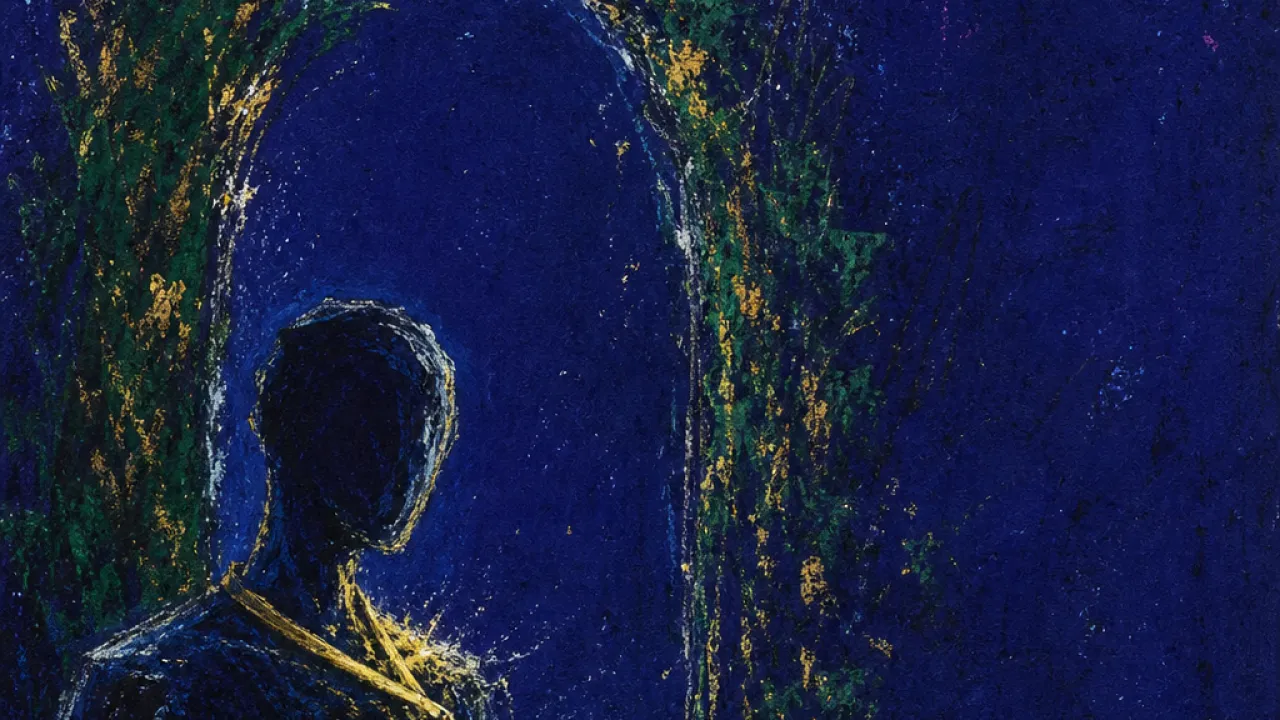 A figure suspended at a garden threshold, gripping a glowing invite as green-gold light fractures against cold indigo space