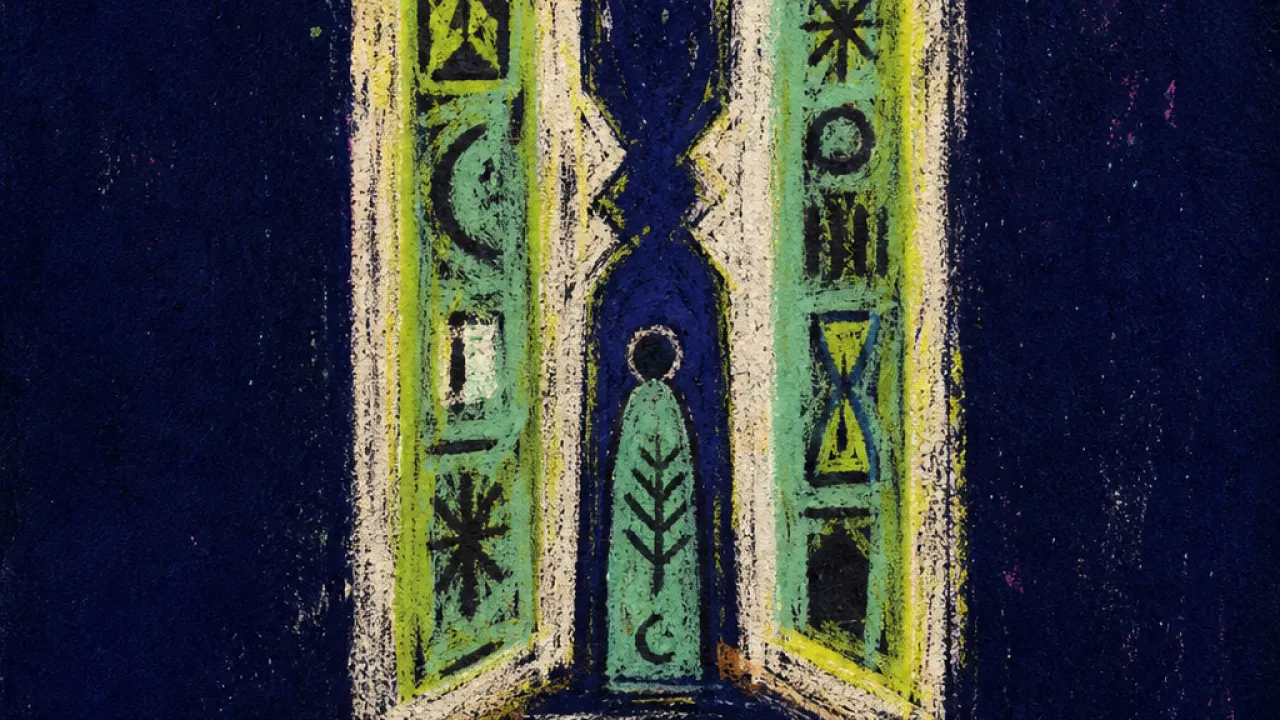 The Door Beside the Choice A figure boxed between two glowing doorframes in dark space, with an unmarked side corridor fading in silver and green-black.