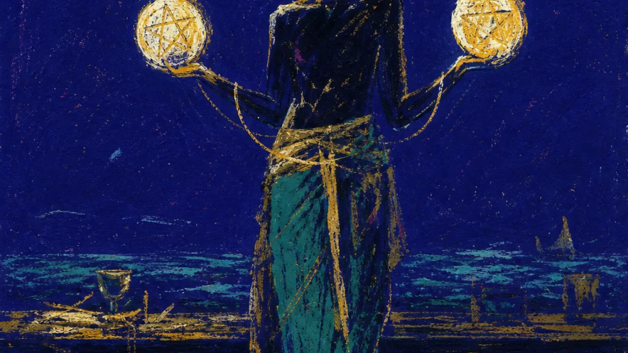 A suspended figure balances glowing coins above a dark floor, acid gold light squeezed against deep teal space