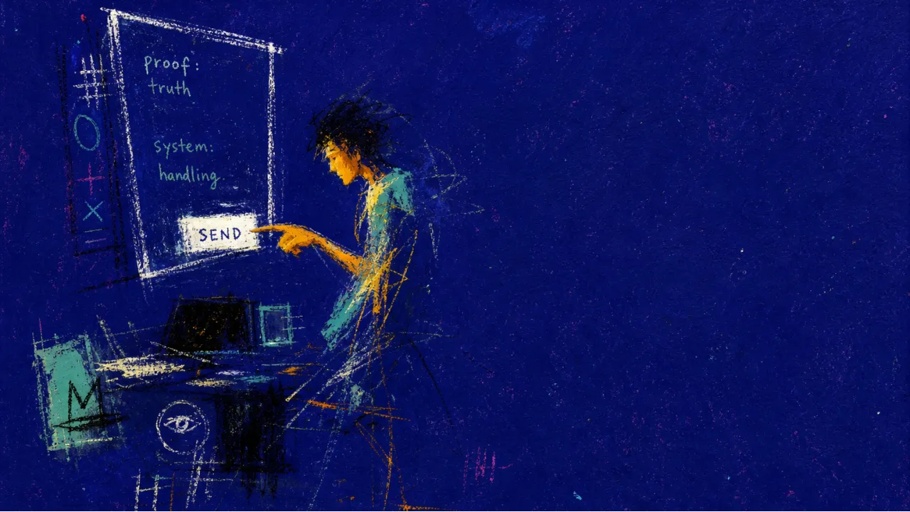 Caught Between Proof and Work A figure suspended between a bright screen and dark worktable, fingertip hovering over Send in white light and black shadow
