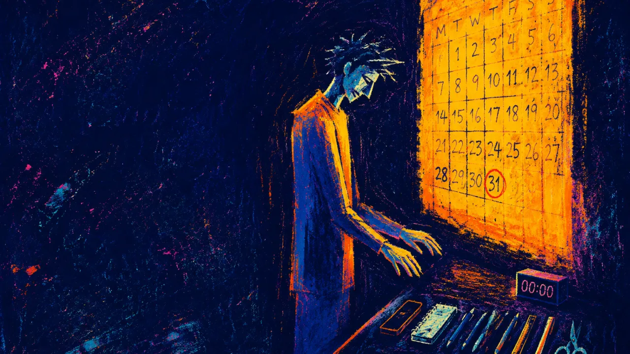 A rigid figure in a doorless workspace between an amber calendar wall and aligned tools fading into cobalt-black shadow.
