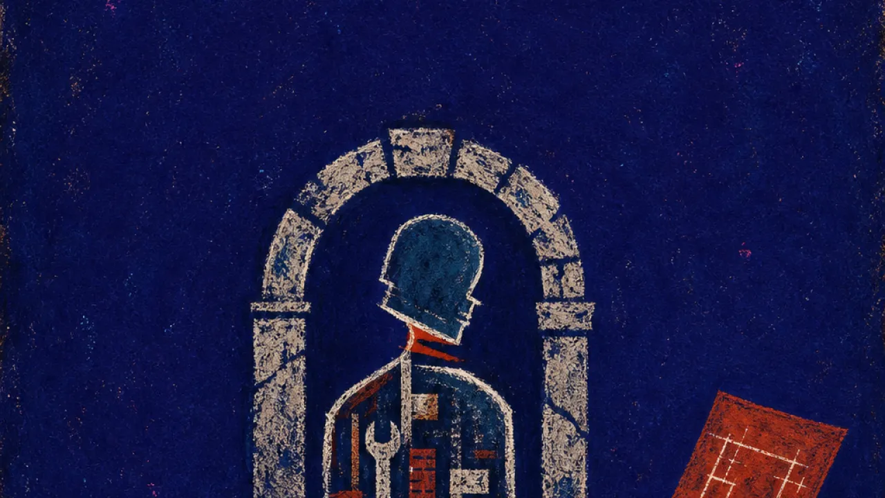 A figure under a stone arch beside work tools, while a separate hand holds a plan in rust red and deep teal shadows
