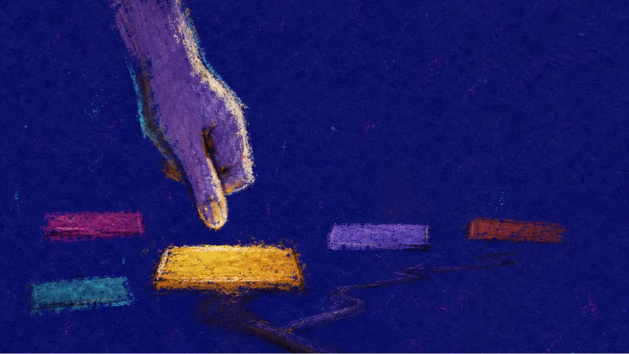 A figure suspended above a late-night desk between glowing offer tabs and an unmarked road, gold split against cold indigo