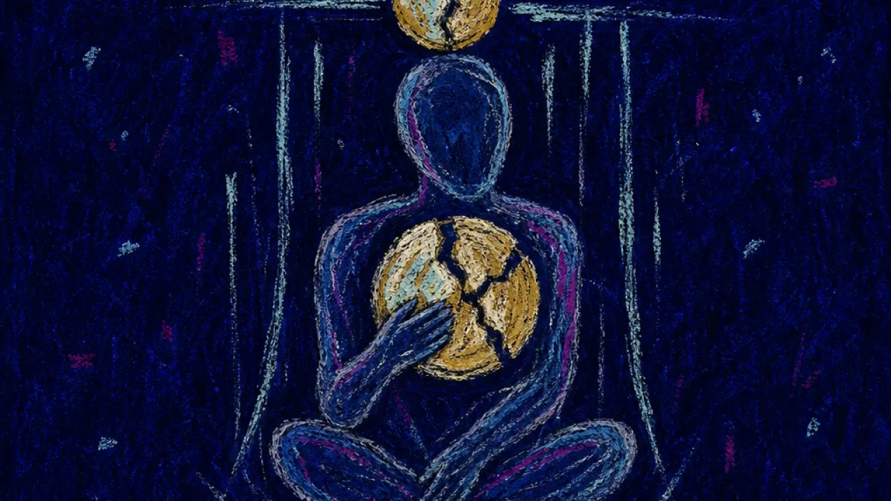 Held by the proof A seated figure in a dark room with coins fixed to crown, chest, and feet, cold gold pressed into indigo shadow