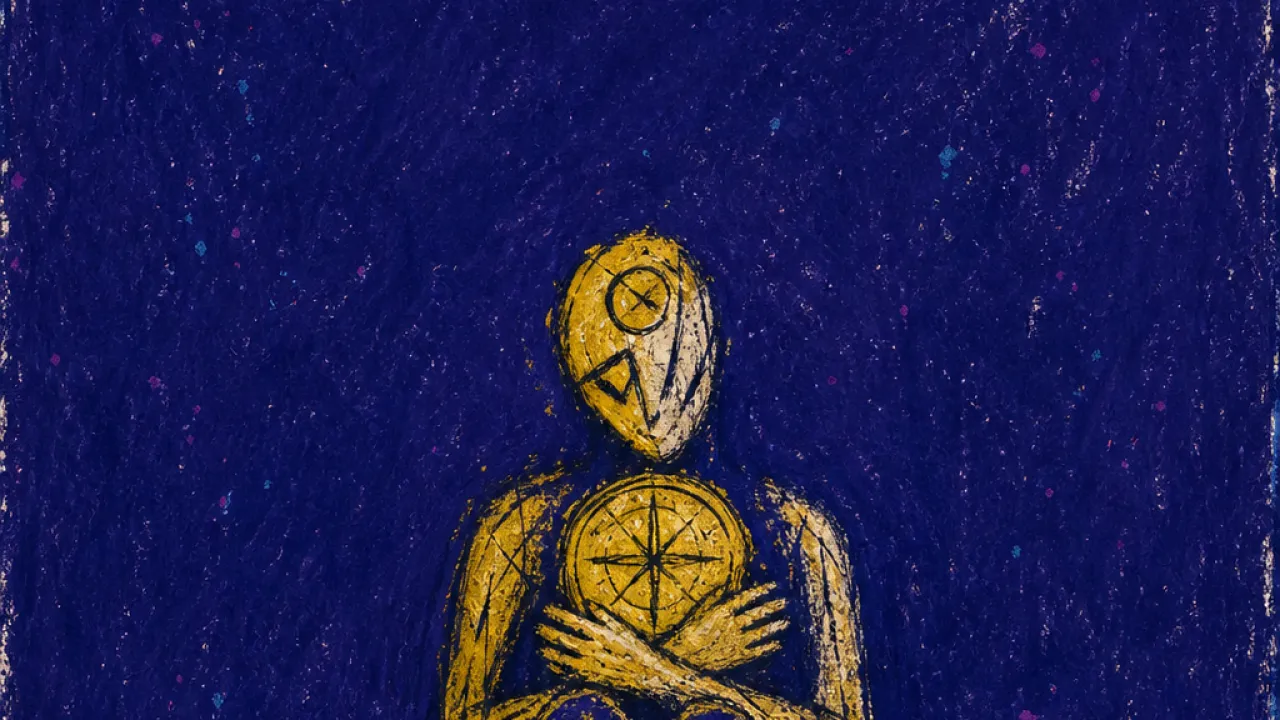 A seated figure enclosed by coins at head, chest, hands, and feet, cold gold lines locked against deep indigo space