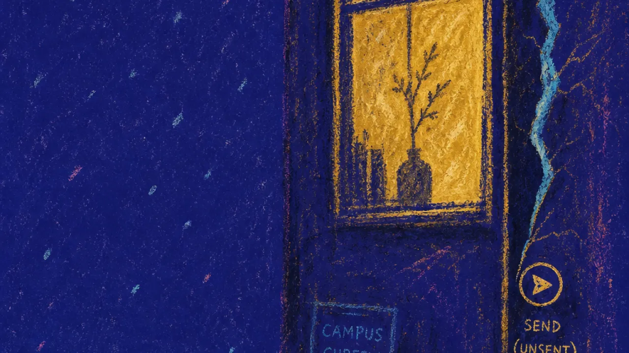 Close Enough, Still Outside A figure in dark snow stands outside a glowing window, hands near a sealed wall, gold light split by cold blue glass.