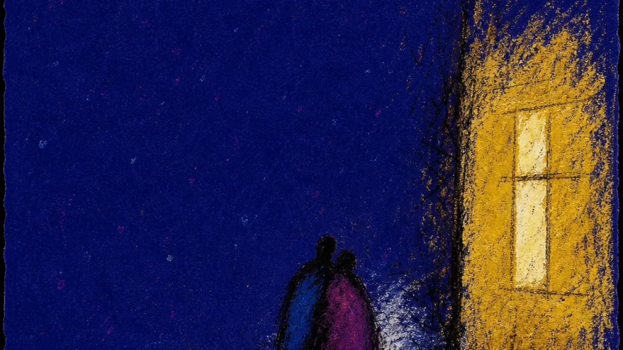 Close outside the warmth Two figures crossing snow beside an unused golden window, their shared path compressed into cold blue space