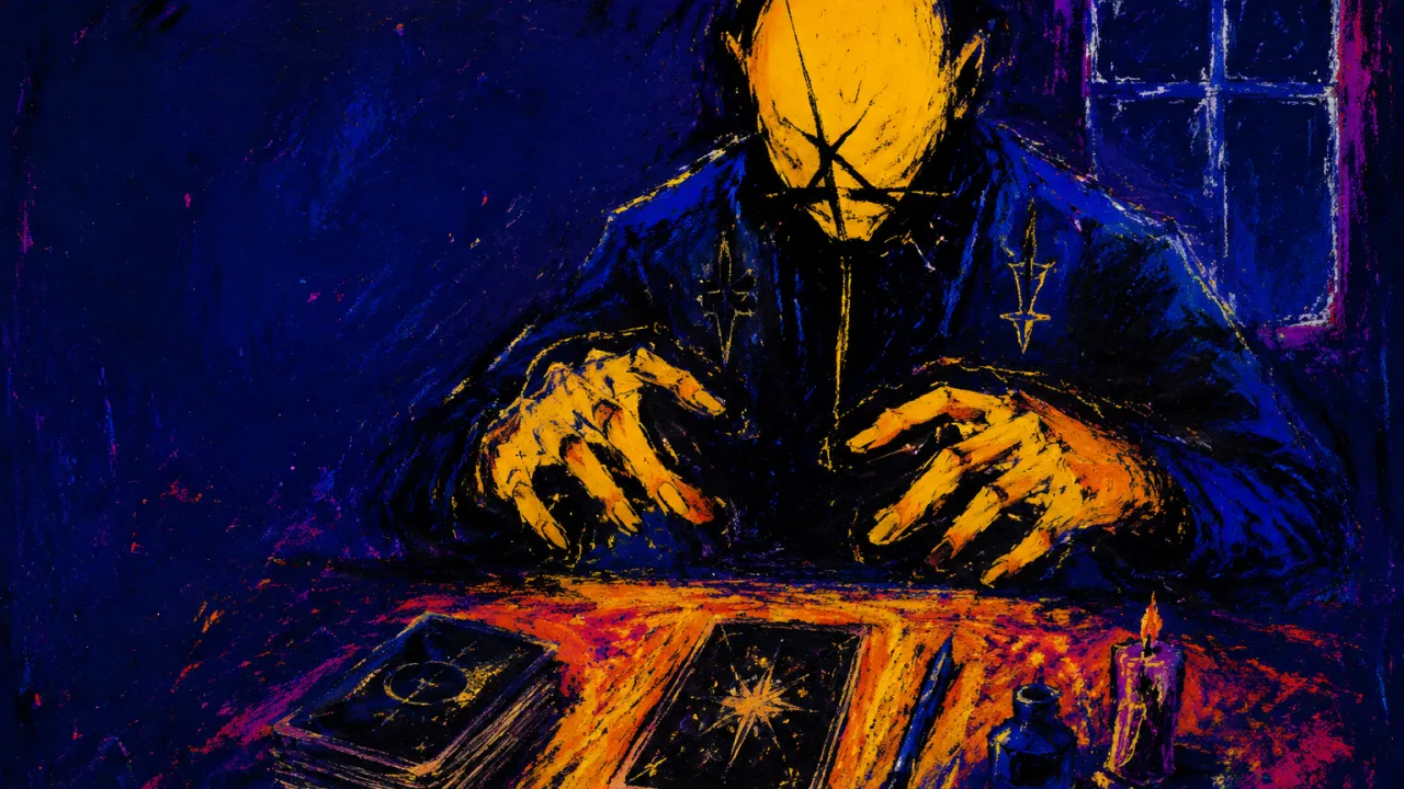 A figure enclosed at a prepared desk, hands hovering above untouched tools as amber light meets a pressing indigo edge.