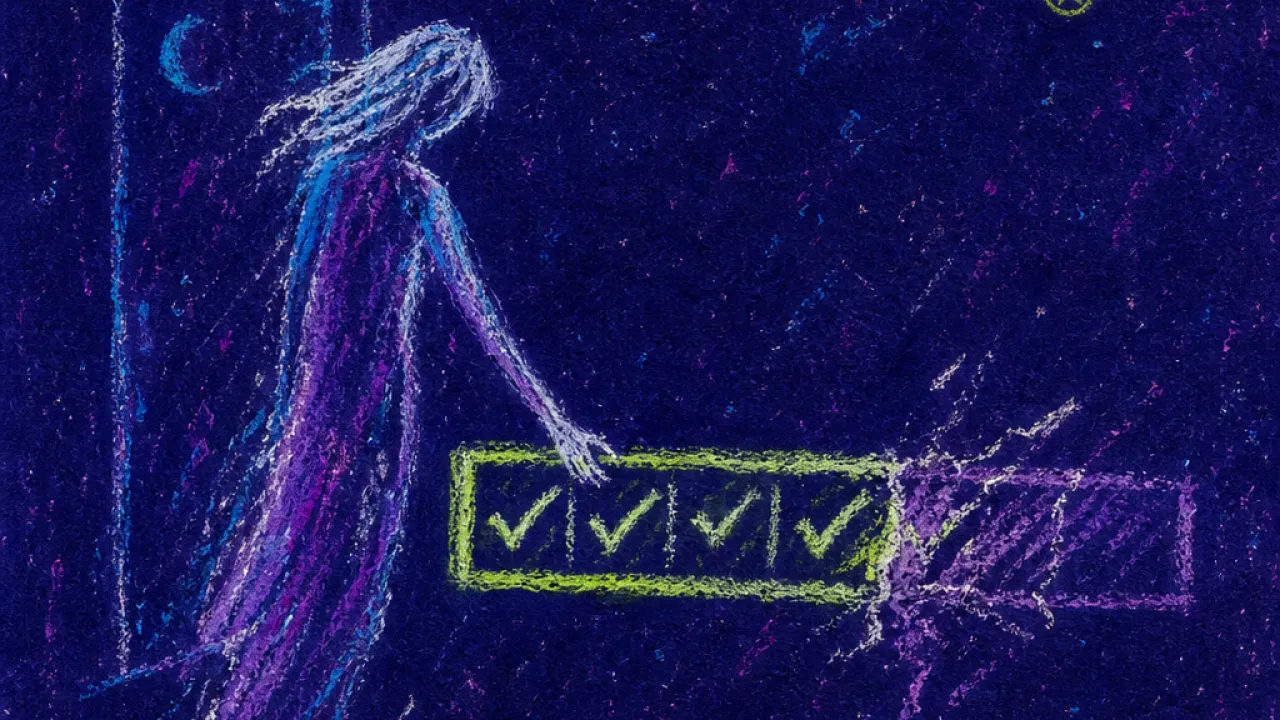 A suspended figure in dark space beside a glowing tracker, with coin-like fruit tethered to a vine in acid green and violet