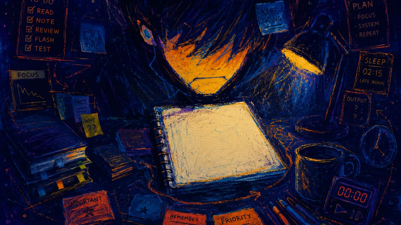 A figure enclosed at a desk by notes, tabs, and flashcards, amber light trapped inside blue-black shadows