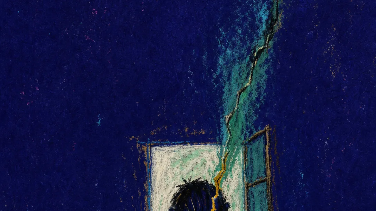 Loved Only When Polished An enclosed figure bends over a tiny coin on a worktable, warm gold light fracturing into cold green-blue space.