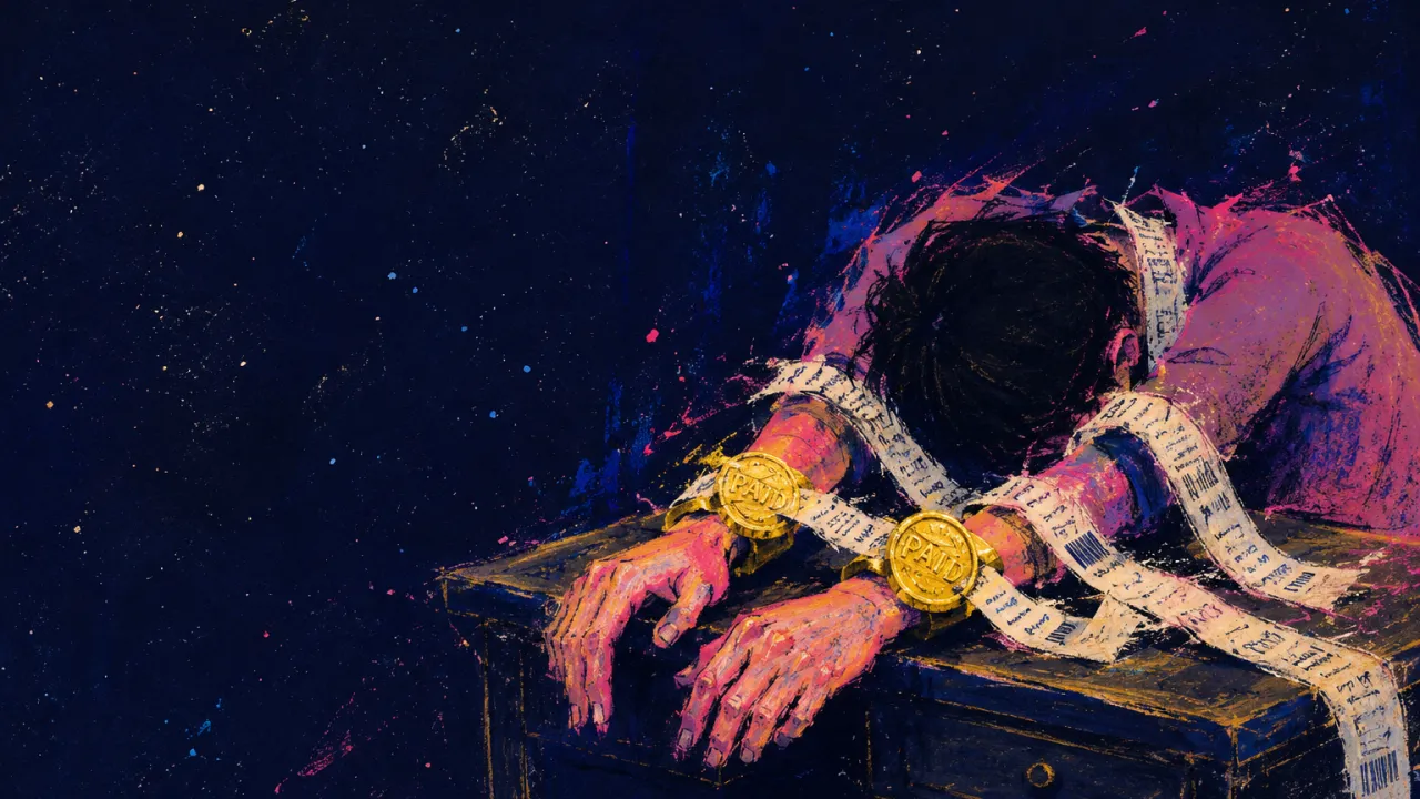 A figure pinned over a bedroom desk, wrists fixed by receipt-like ribbons beneath cold gold discs in deep blue shadow