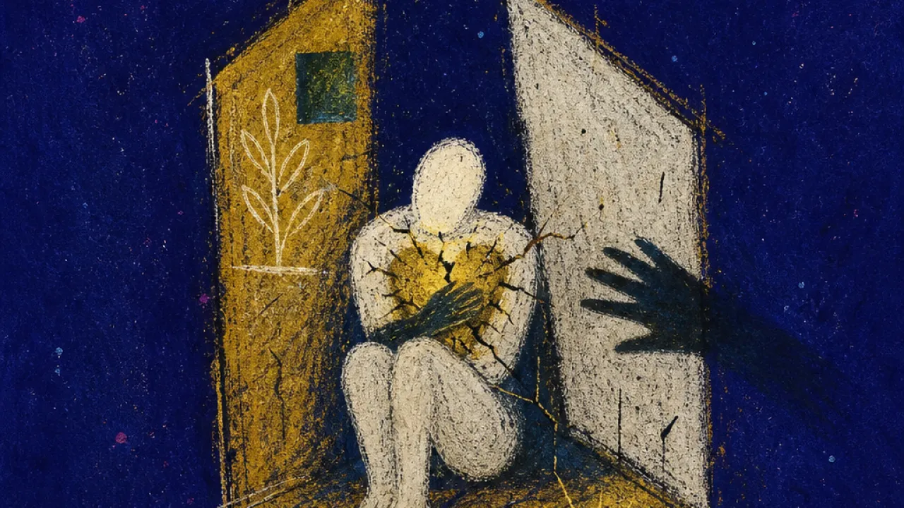 A figure enclosed in a warm doorless room, phone glowing nearby, gold light pressed into cold green-black shadow