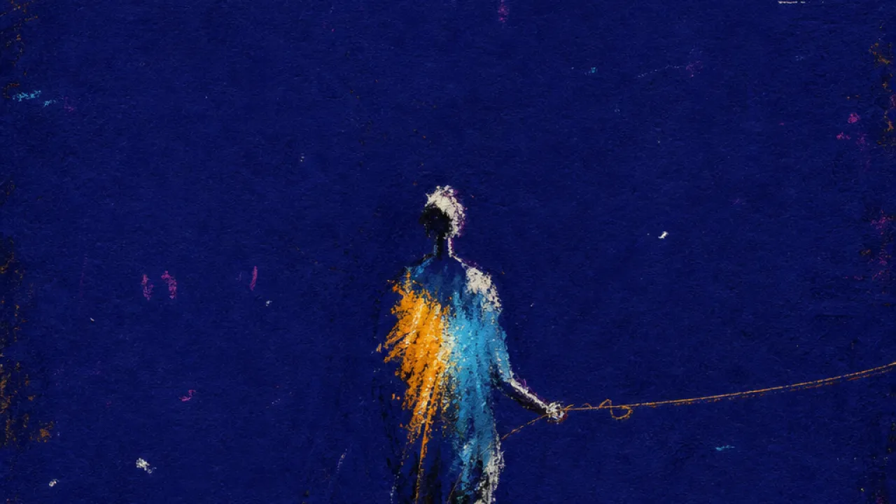 A suspended figure in an open field holds a glowing message thread near an unused road, amber light split by frozen blue