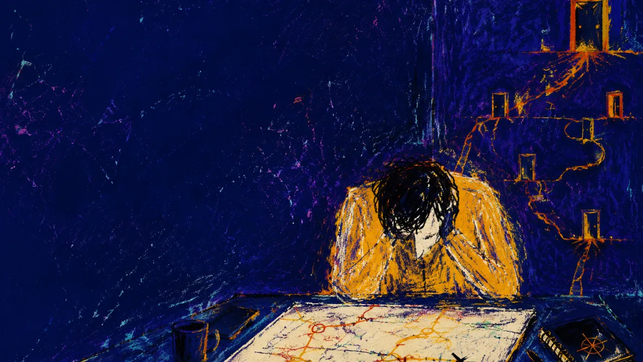 A figure at a planning table in a doorless indigo room, with amber route maps looping back toward raised shoulders.