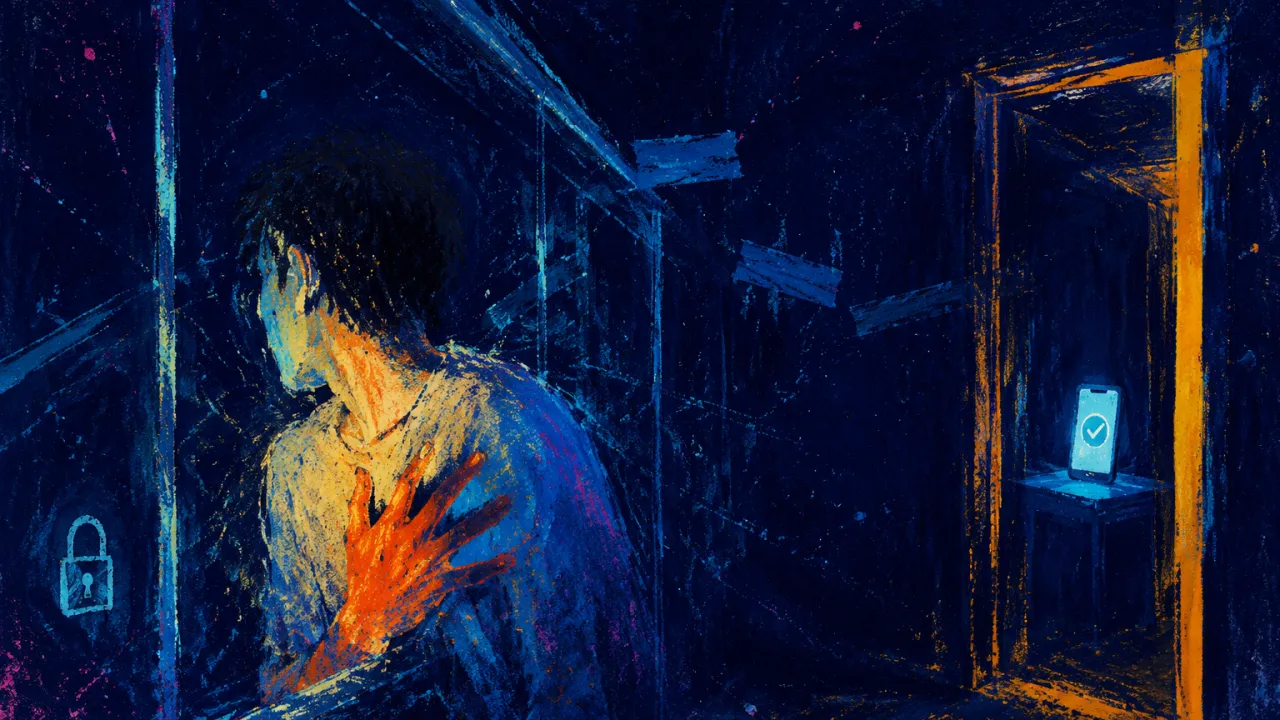 Protected, but not reached A figure behind glass, one hand at the chest, with an unopened doorway and a glowing phone in amber light against cold blue