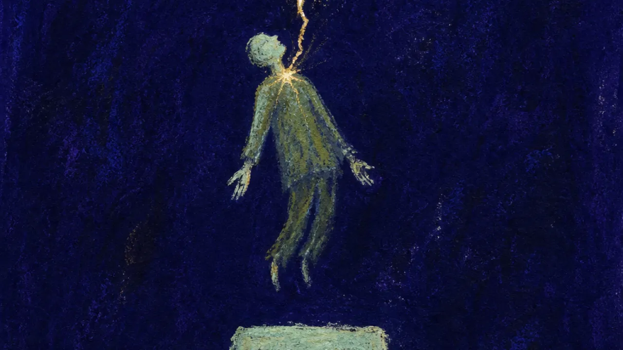 Knowing Above Untouched Ground A suspended figure above a glowing notes app and untouched calendar squares, a white-gold blade split from mud green ground