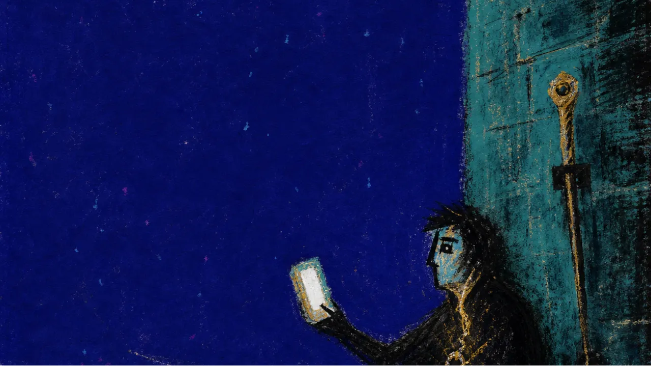 A figure on a castle wall holding a glowing phone, one wand fixed to stone, cold teal shadows split by sharp gold light